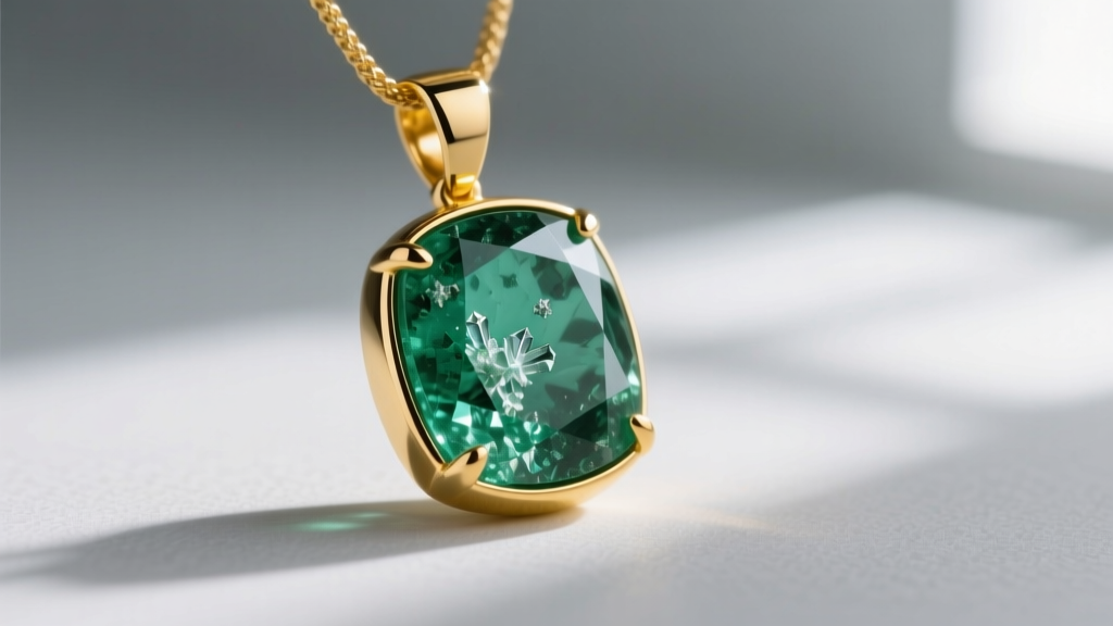 Macro shot of a raw emerald birthstone pendant in a recycled 18k yellow gold bezel, highlighting natural inclusions and texture.
