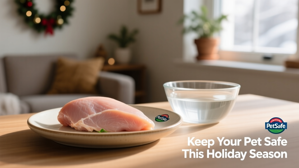 A small portion of plain, unseasoned turkey breast served on a pet-safe dish beside a bowl of water