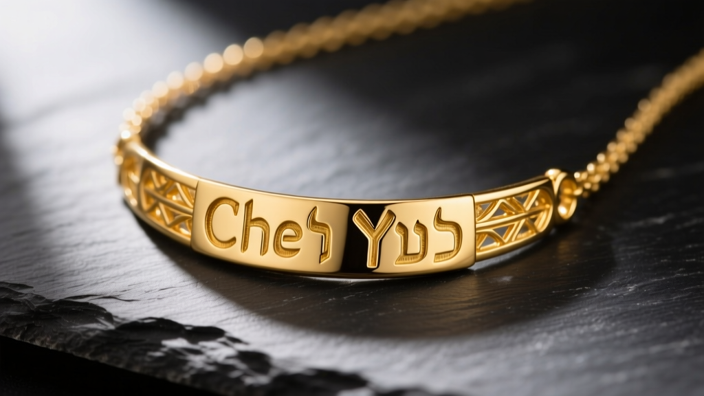 Close-up of a polished 14k yellow gold chai necklace resting on a dark slate surface, highlighting the Hebrew letters Chet and Yud.