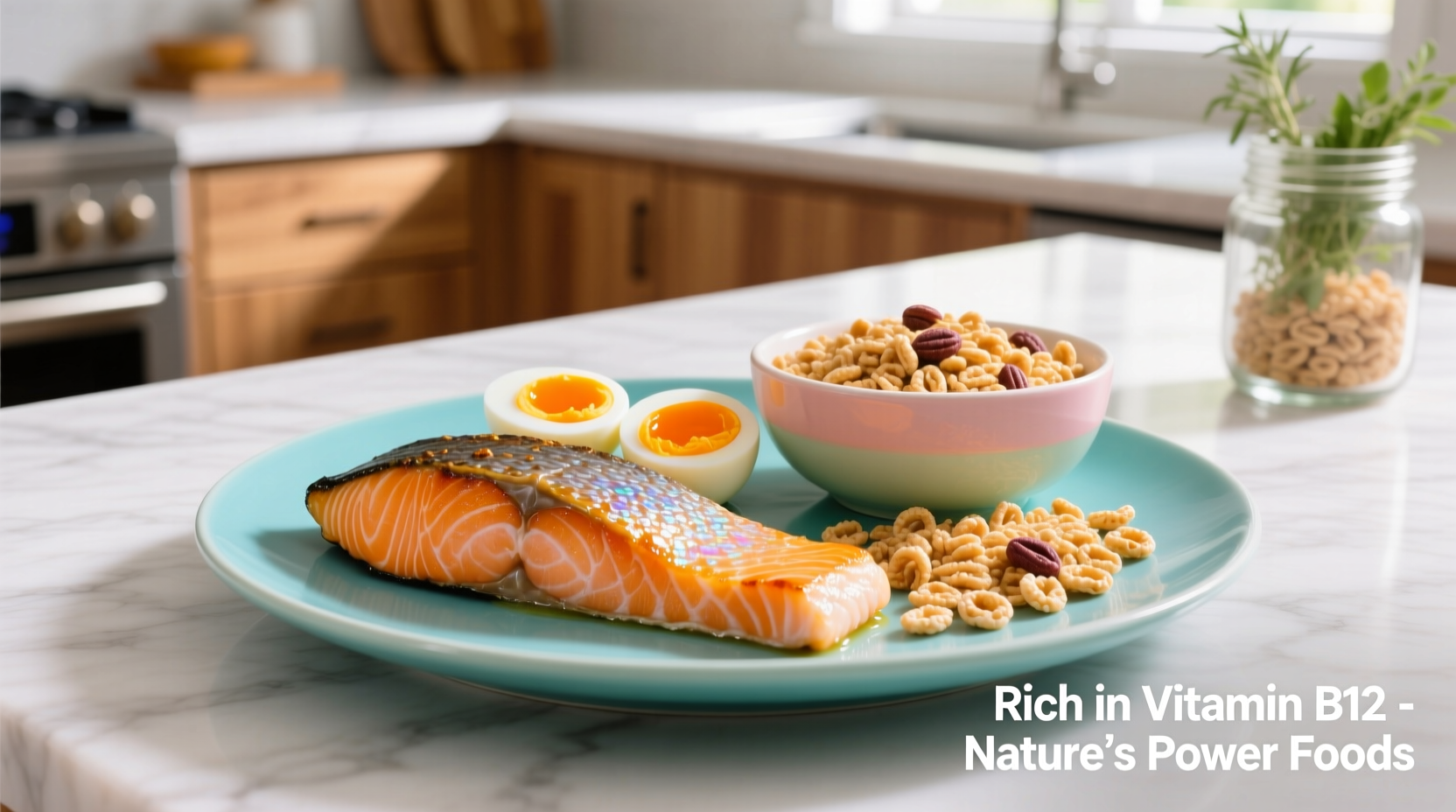 Colorful plate of vitamin B12 rich foods including salmon, eggs, and fortified cereal