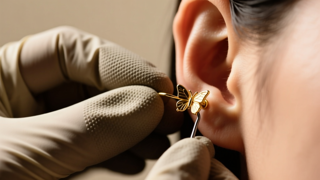 Close-up of a jeweler using a textured nitrile glove to grip a small gold earring butterfly back, demonstrating removal on a lobe.