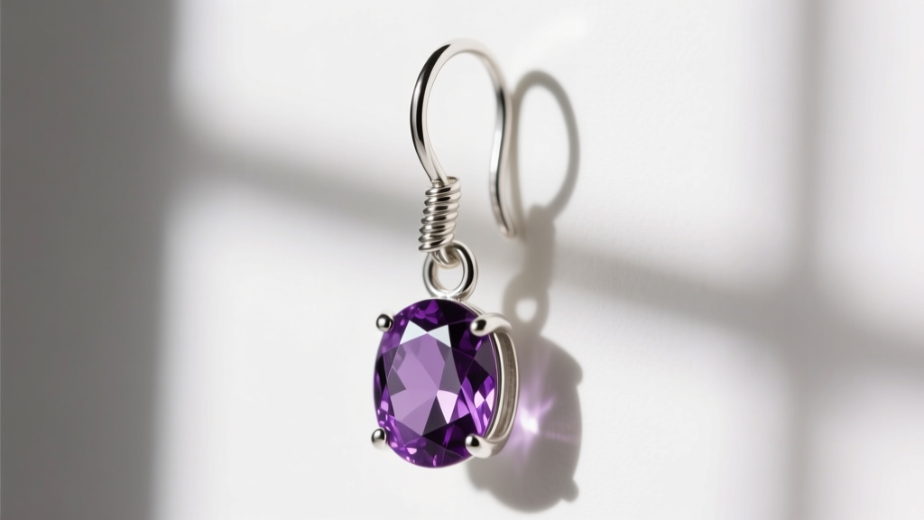 Macro shot of 20-gauge Argentium silver French hook ear wire with a wrapped loop securing a faceted amethyst gemstone drop.