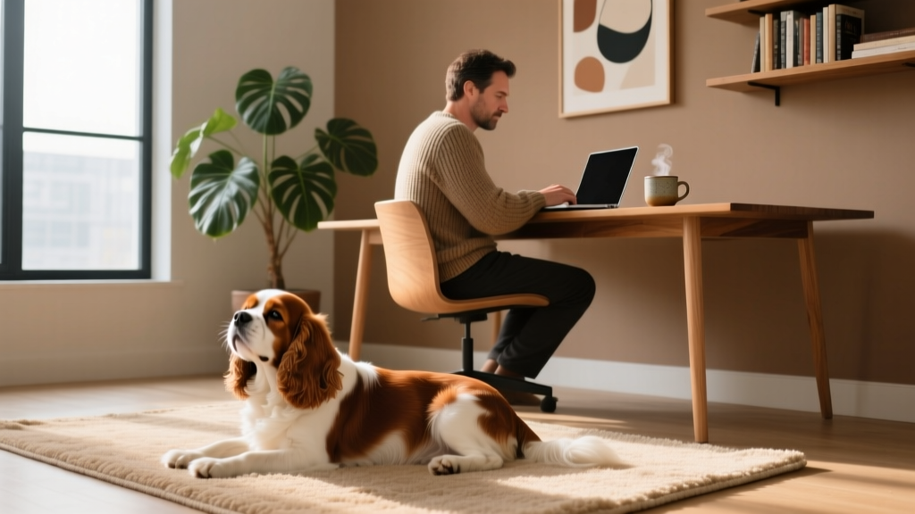 Cavalier King Charles Spaniel resting quietly beside a remote worker's desk with laptop and coffee mug visible