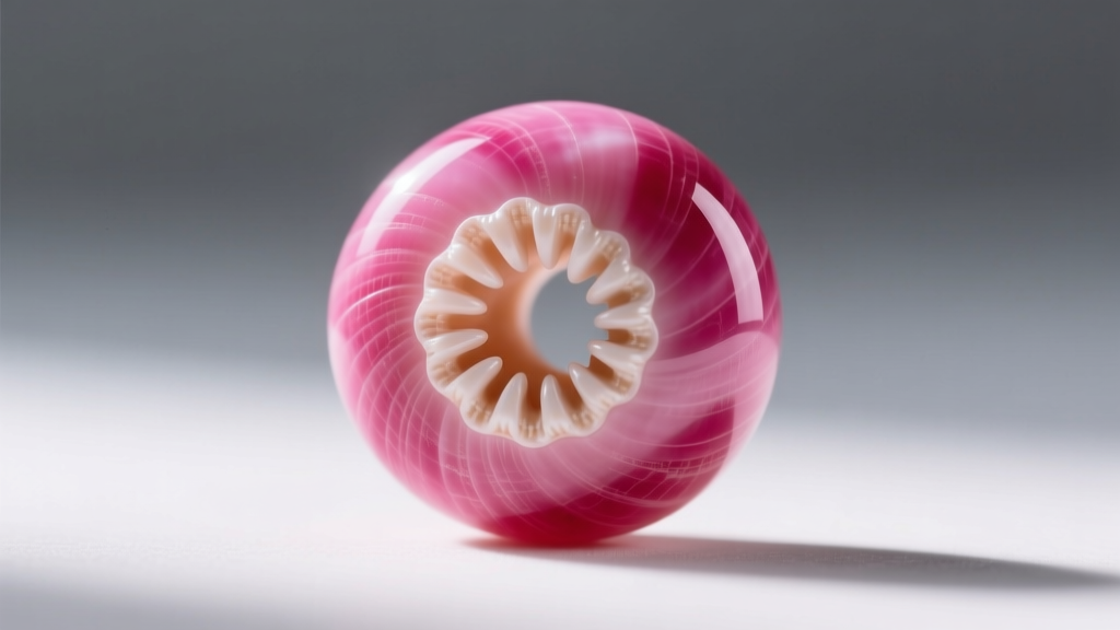 Extreme close-up of a single dyed pink puka shell bead showing the naturally occurring asymmetrical hole and textured calcium rim.
