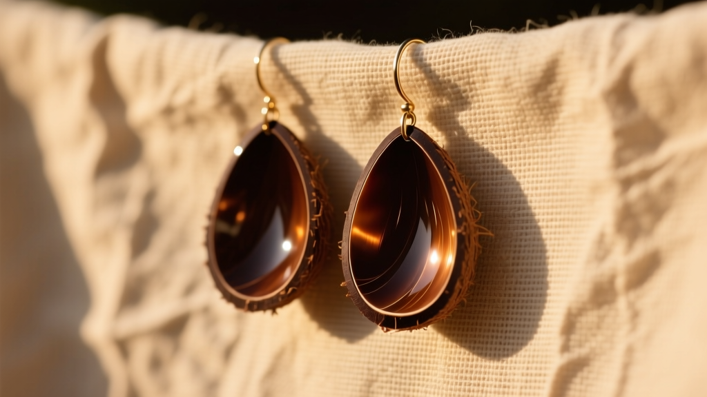 Close-up of polished dark brown coconut shell teardrop earrings hanging from a textured linen cloth in warm, natural sunlight