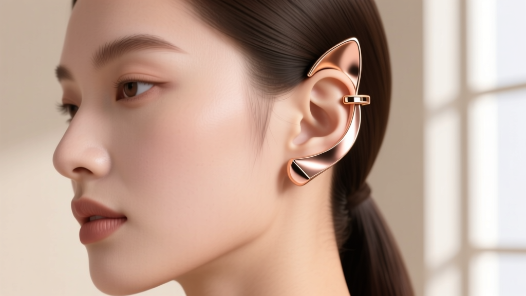 Side view of an implant-grade titanium cat ear cuff with anodized rose gold finish, clipped onto a model's upper helix cartilage.