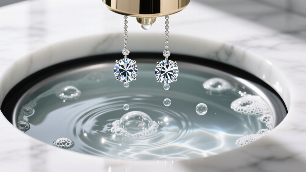 Top-down view of an ultrasonic cleaner vibrating diamond stud earrings in a soapy water bath on a clean white marble countertop