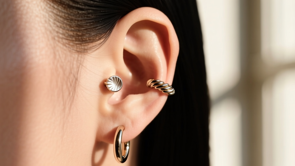 Curated ear with a helix corkscrew earring, a conch stud and lobe hoops, photographed from a side profile in natural sunlight.