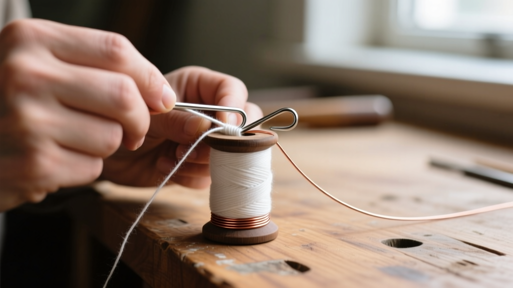 Hands using a 1.75mm steel hook to weave size 10 cotton thread over a 28-gauge copper wire core on a wooden workbench.