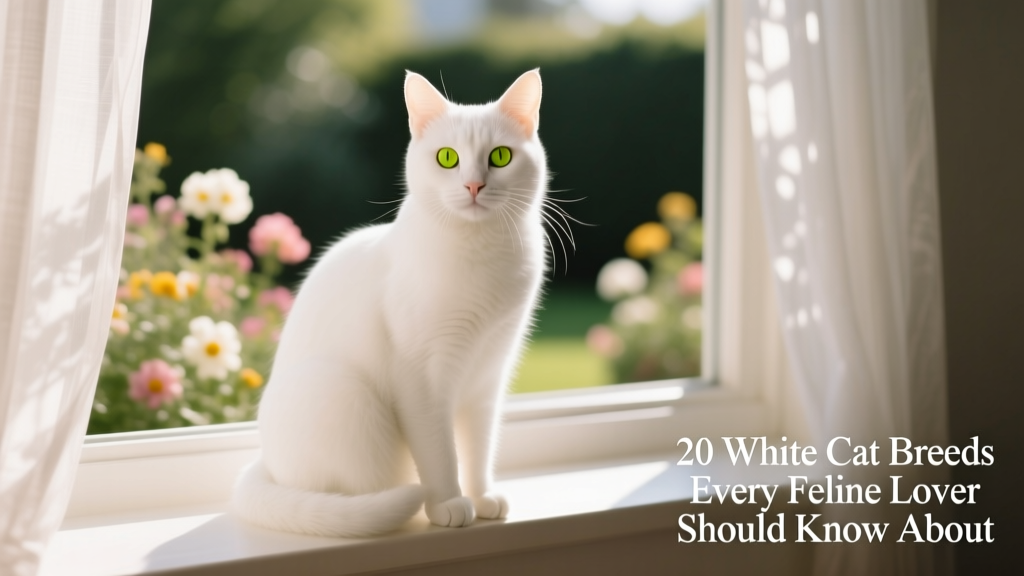 A pure white cat with striking yellow-green eyes sitting gracefully on a sunlit windowsill