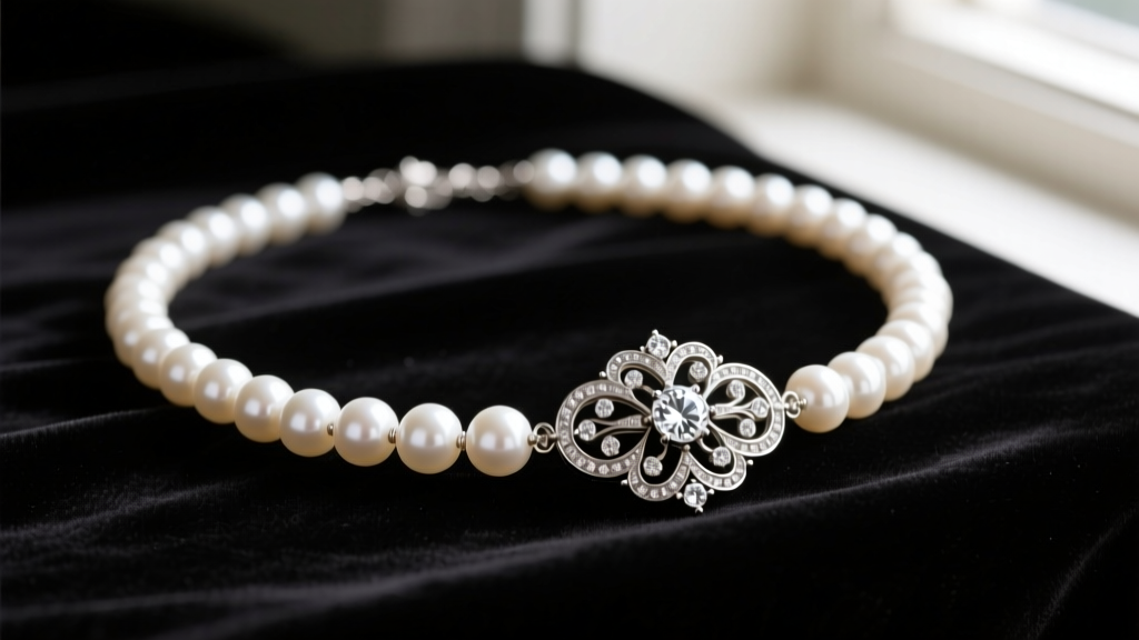 Close-up of an Edwardian era antique pearl necklace with a diamond-studded platinum clasp resting on dark velvet fabric.