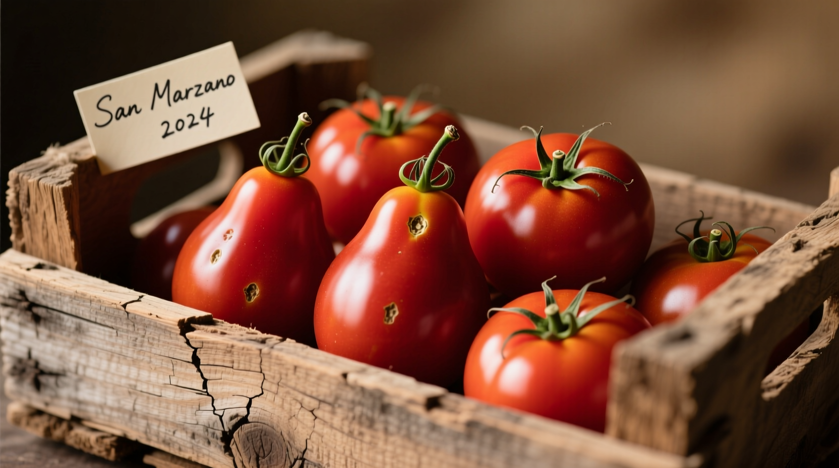San Marzano tomatoes in wooden crate