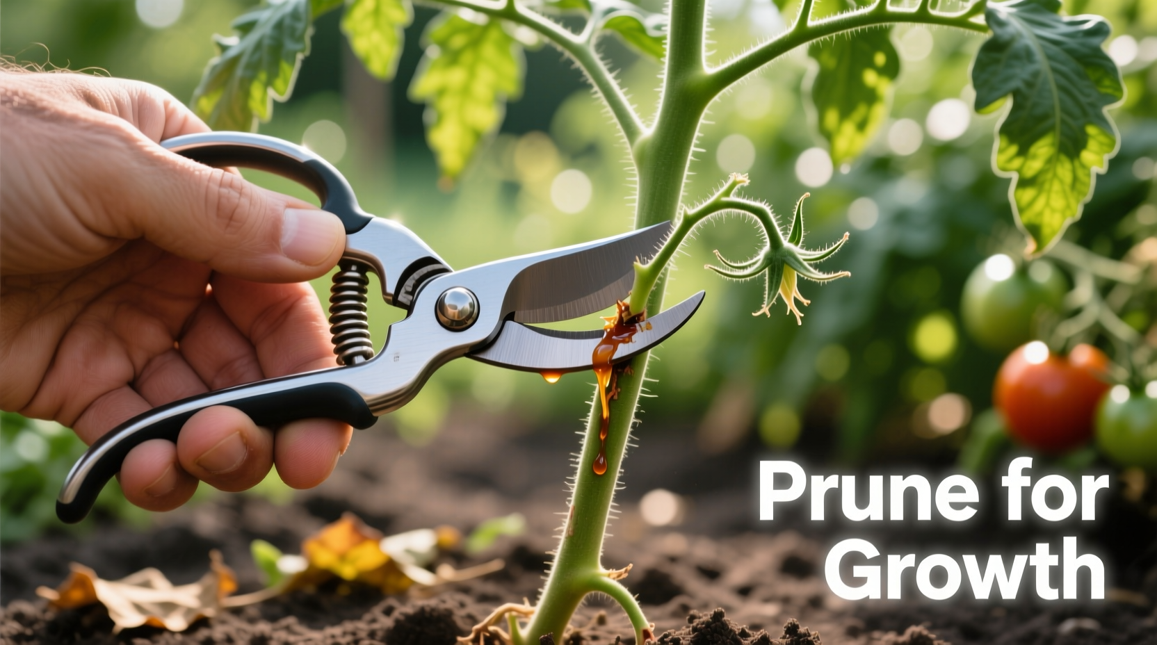 Close-up of hand pruning tomato sucker with clean cut