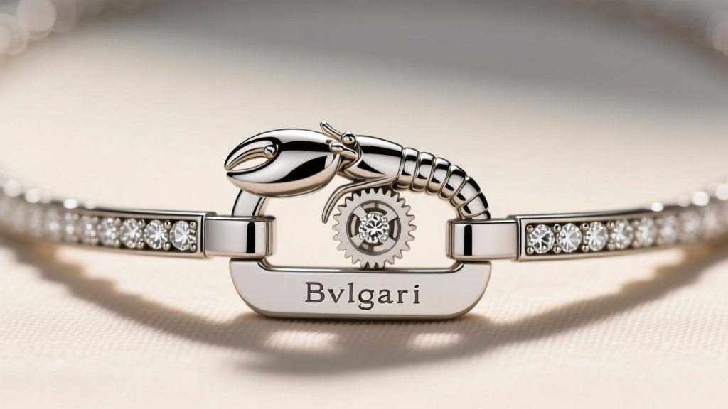 Macro view of a Bvlgari diamond necklace clasp, highlighting the branded lobster clasp, precise weld points, and an engraved tag.