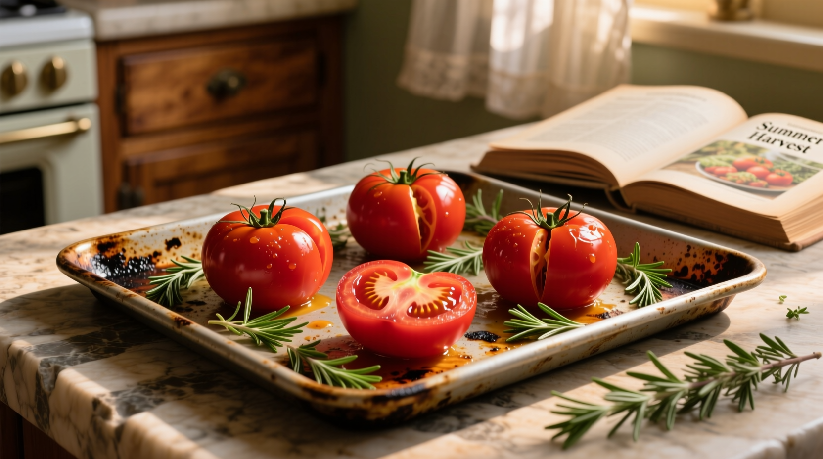 Ripe tomatoes roasting on baking sheet with herbs