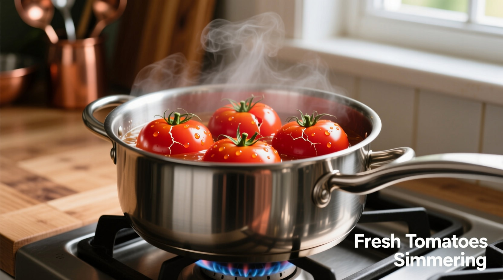 Fresh tomatoes simmering in stainless steel pot