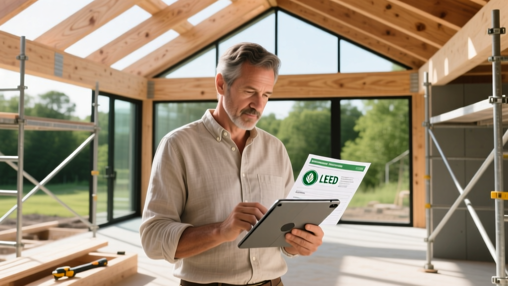 Architect reviewing Environmental Product Declarations and LEED material scorecards on a tablet at a modern timber-frame construction site