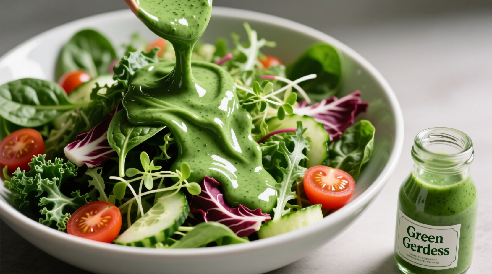 Green goddess dressing drizzled over mixed greens salad