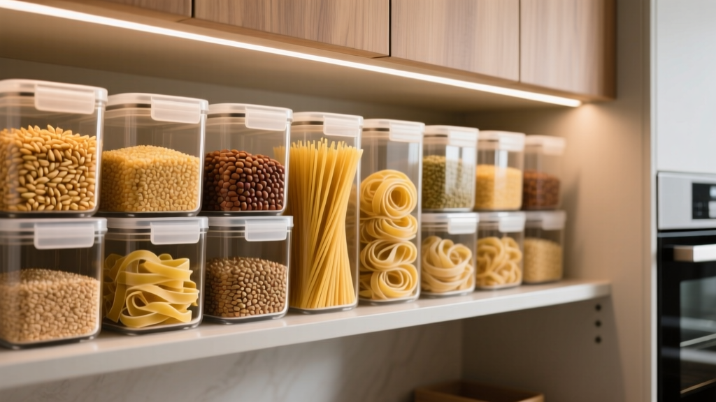 Organized pantry shelf with modular clear containers filled with grains and pastas under warm kitchen lighting.