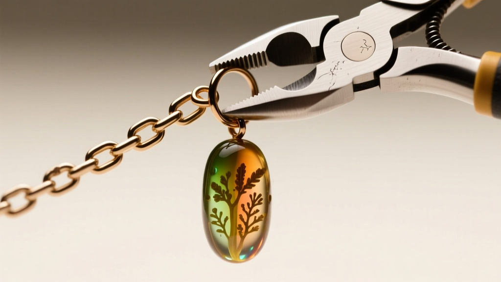Close-up of chain-nose pliers opening a 20-gauge niobium jump ring attached to a handmade UV resin pickle earring charm.