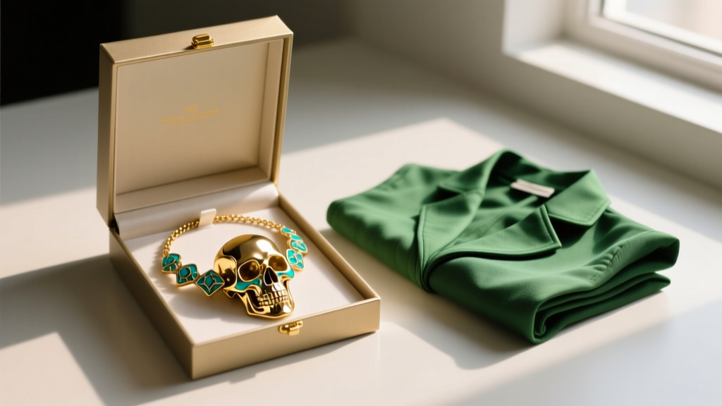 Gift box containing a gold-plated brass skull necklace with teal enamel accents, resting beside folded green cosplay tunic fabric.