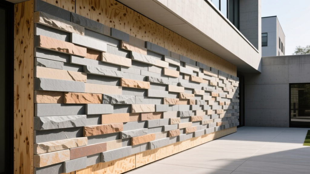 Interlocking polyurethane stone veneer wall panels in stacked ledgerstone profile mounted on exterior plywood sheathing