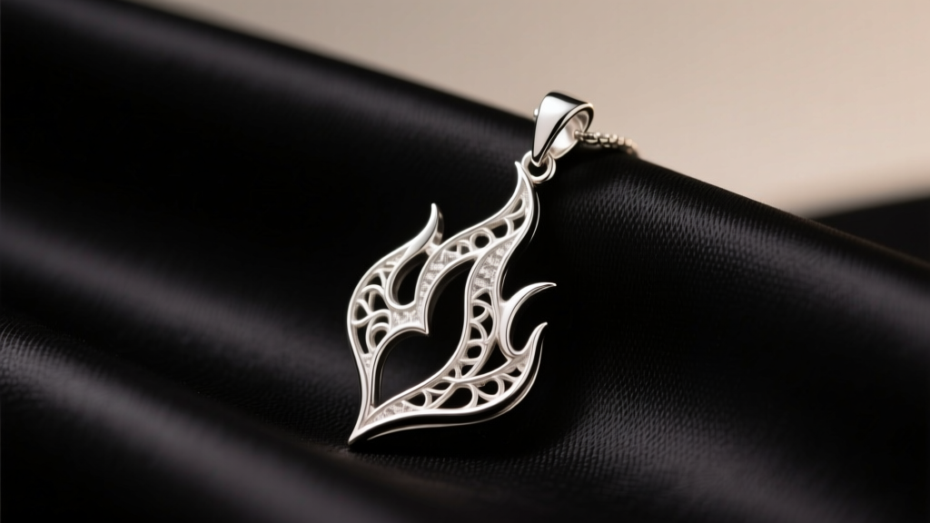 Sterling silver flame pendant on dark silk, highlighting intricate metalwork and soft reflections under warm studio lighting