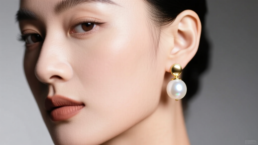 Elegant close-up of a woman wearing 10mm white South Sea real pearl drop earrings with 18k gold caps, soft studio lighting