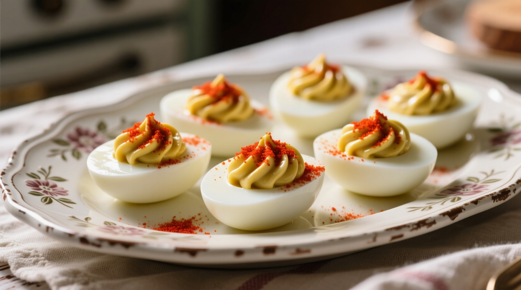 Perfect deviled eggs with paprika garnish on serving tray