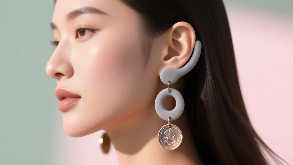 Side profile of a woman wearing heavy upcycled penny drop earrings, showcasing wide silicone earring backs for lobe support.