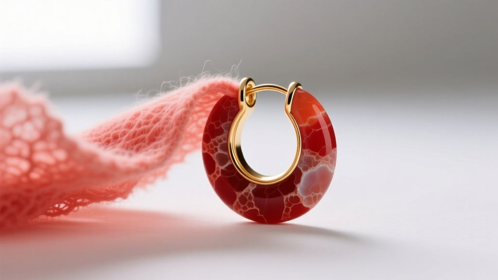 Macro view of a soft cloth cleaning a red coral gold huggie earring, showing the organic stone's porous texture.