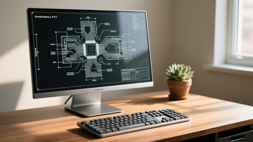 Color e-ink monitor displaying a complex CAD schematic next to a magnesium alloy mechanical keyboard on a minimalist desk