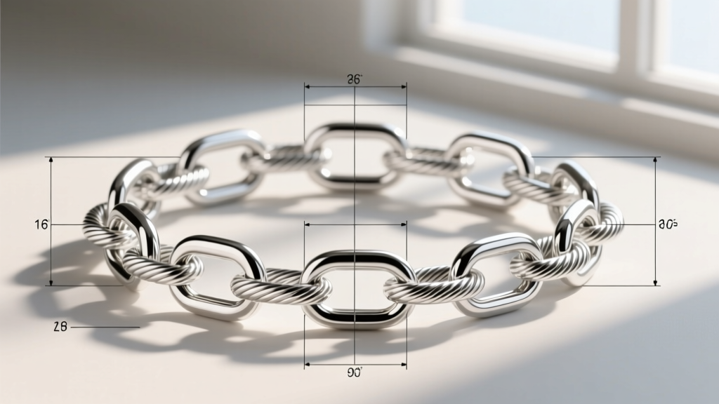 Blueprint diagram showing mathematical aspect ratios and interlocking geometry of oval cable chain jump rings in sterling silver.