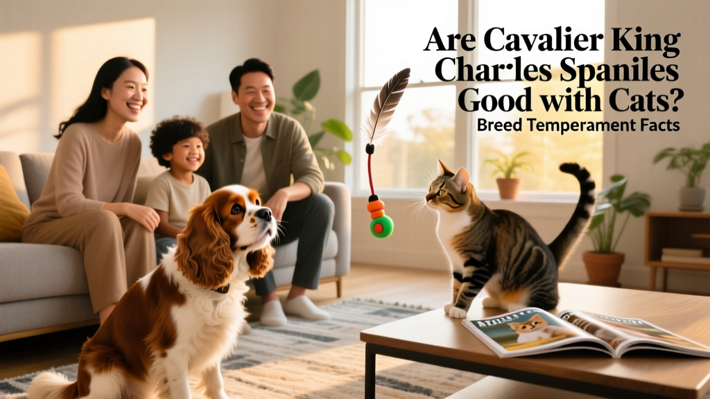 A happy family watching their Cavalier and cat peacefully playing with an interactive wand toy together