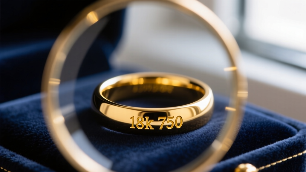 Macro view of a loupe inspecting 18K 750 letter markings stamped inside a polished yellow gold wedding band on velvet.