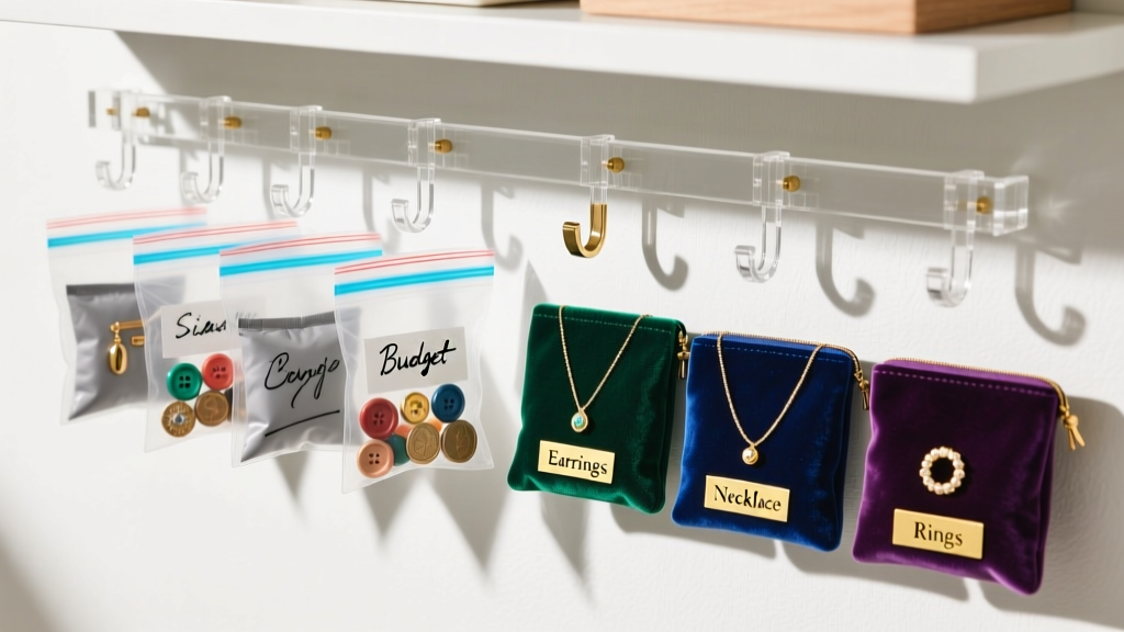 Overhead view of budget storage using clear acrylic hooks, ziplock bags with silica packets, and labeled velvet jewelry pouches.
