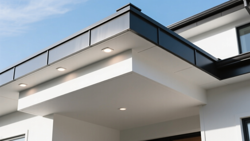 Exterior home eave showing smooth white exterior-grade soffit gypsum board installed beneath a modern dark metal roof overhang with recessed LED lighting