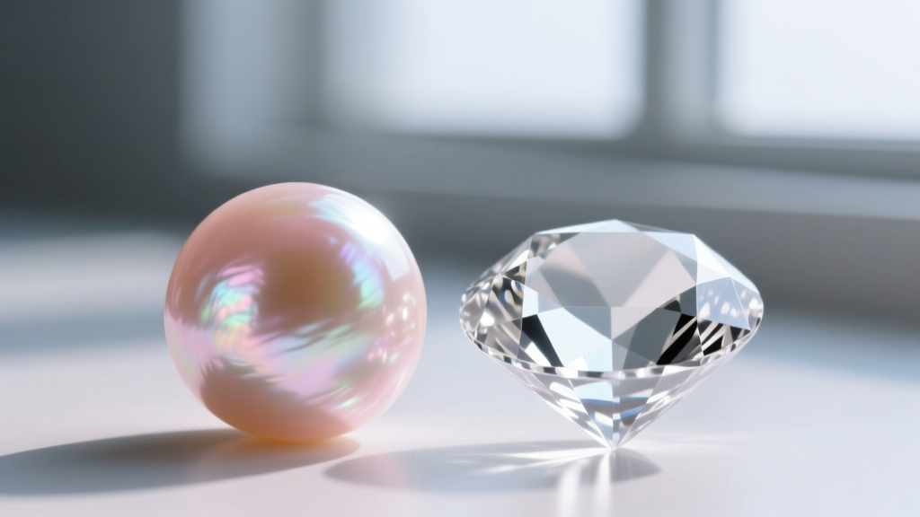 Macro of an Akoya pearl surface showing sharp luster and a subtle rosé overtone next to a highly faceted, clear lead-free crystal.