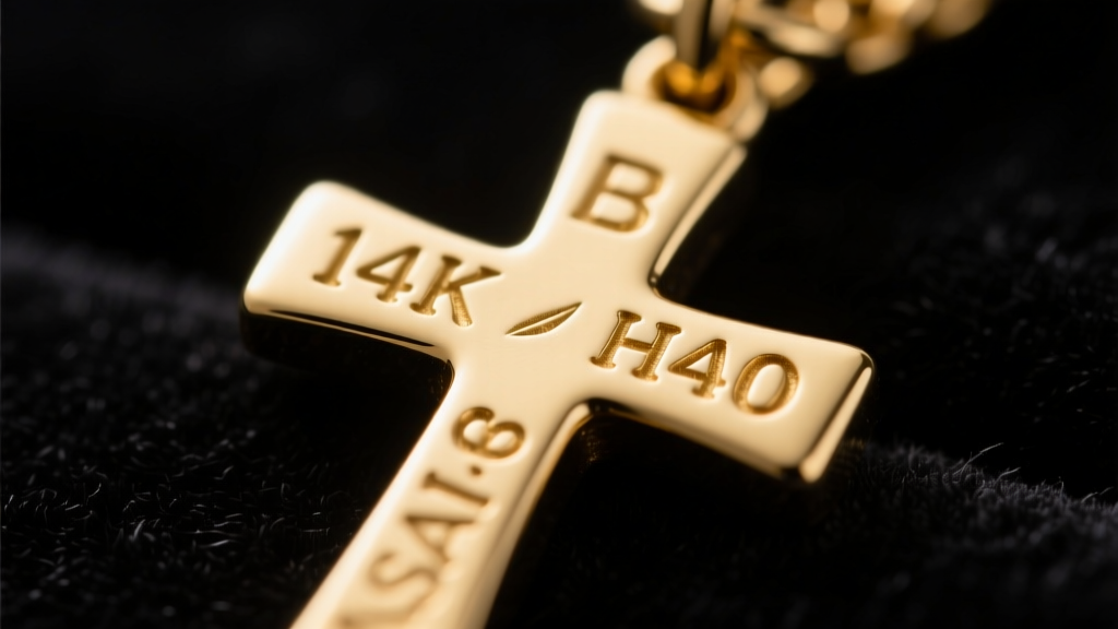 Macro shot of a 14k gold-filled cross pendant clasp showing the stamped hallmark, against a blurred dark velvet background