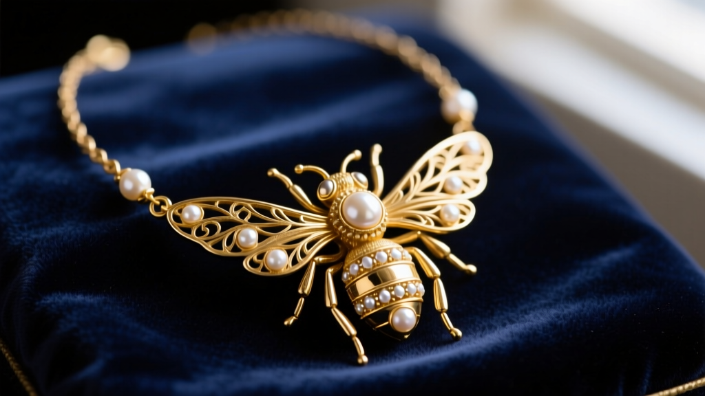 Close-up of a Victorian 15k gold vintage bee necklace with seed pearls and hand-engraved wings resting on dark navy velvet