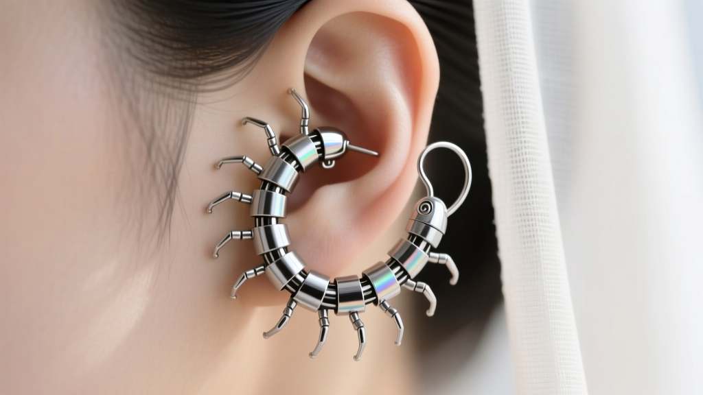Close-up of a titanium centipede earring wrapping around the upper helix cartilage, showing articulated leg joints in soft light