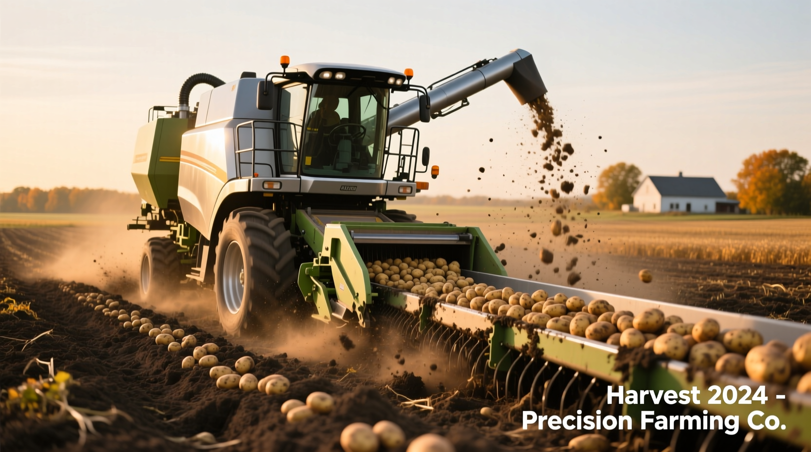 Modern potato harvester in operation during harvest