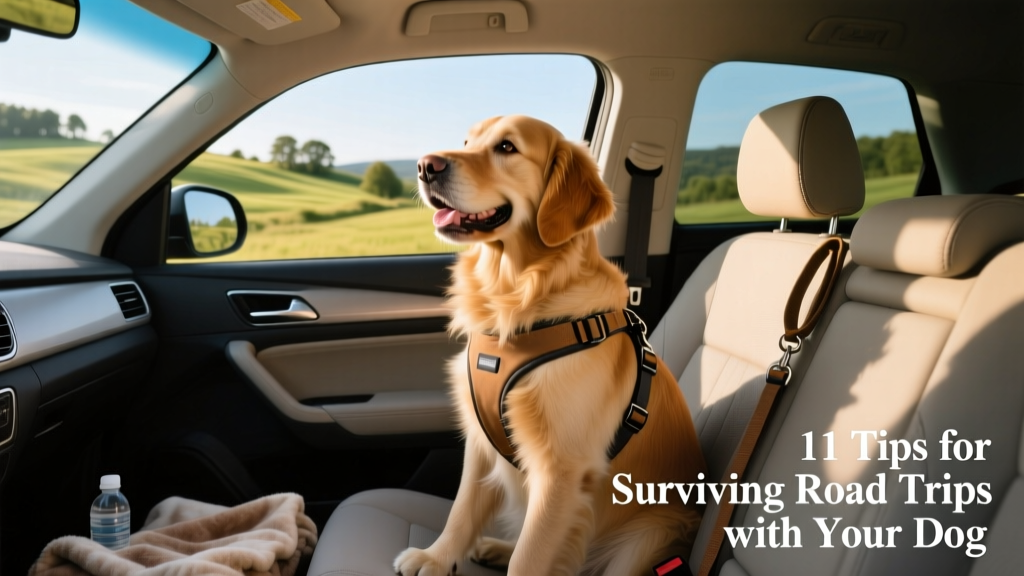 A happy dog sitting safely in the back seat of a car, wearing a harness and looking out the window