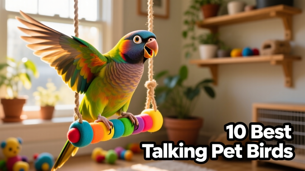 A lively Quaker parakeet perched on a colorful swing toy, mid-chatter, with expressive eyes