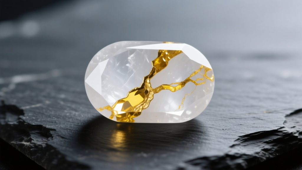 Macro photo of a white quartz cabochon with thick yellow native gold veins, resting on dark slate under soft studio lighting.