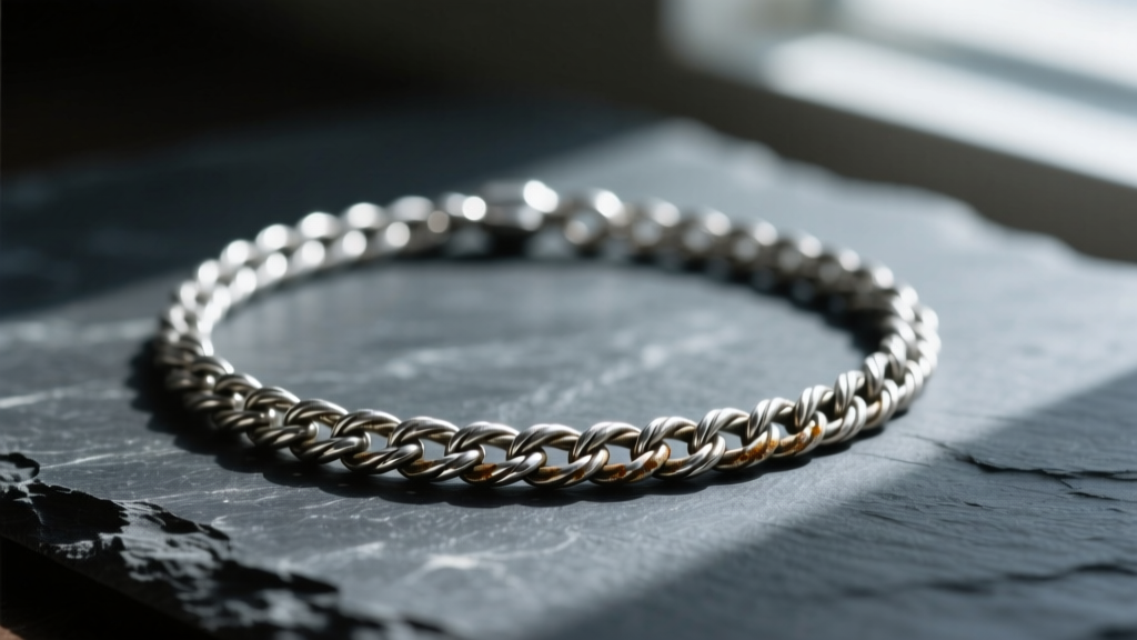 Macro shot of a tarnished 925 sterling silver rope chain necklace resting on dark slate surface, moody lighting, and high contrast.