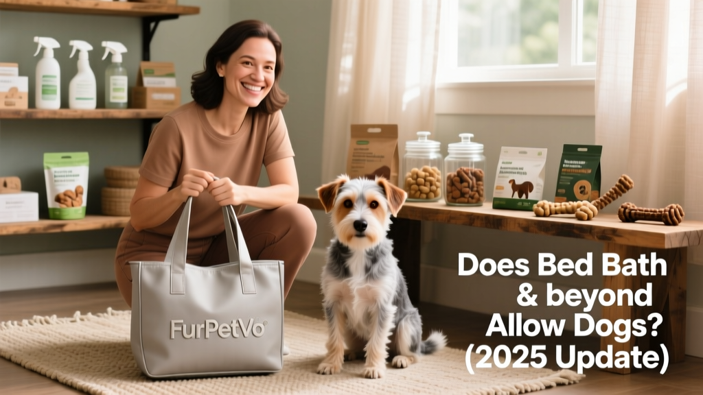 A smiling customer holding a reusable FurPetVo tote bag while their calm terrier mix sits beside a display of pet-safe home goods