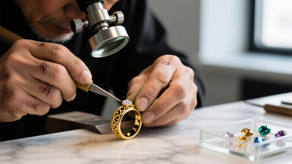 Macro shot of a jeweler's loupe examining an 18k hallmark on a vintage yellow gold signet ring under bright LED bench lighting.