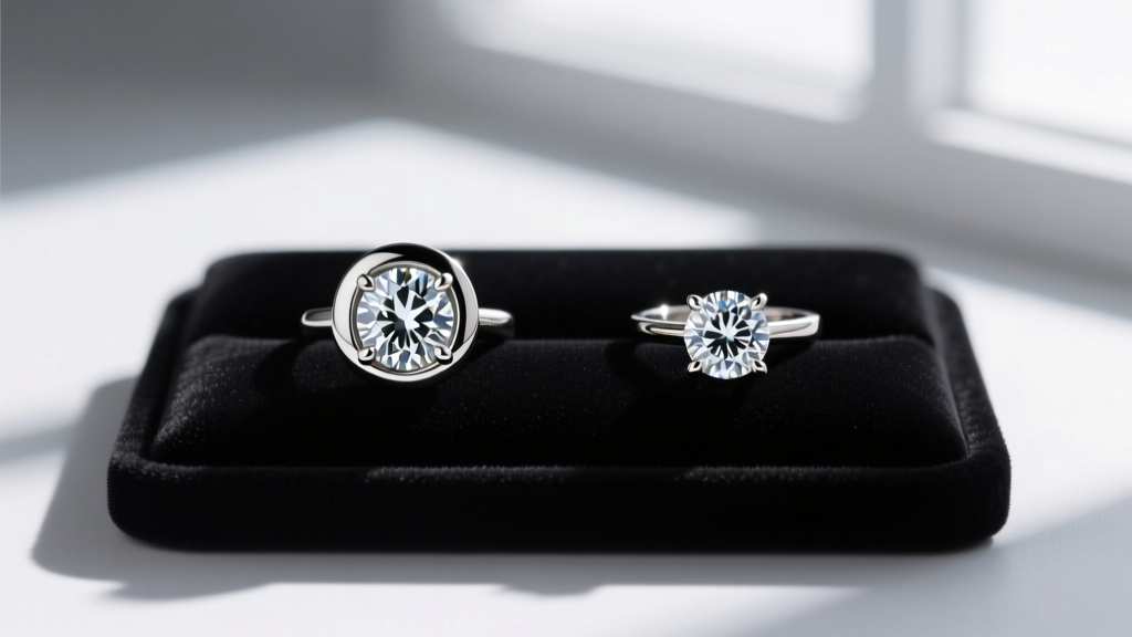 Side-by-side comparison of a genuine bezel-set diamond pendant and a fake prong-set pendant on a black velvet jewelry display pad.