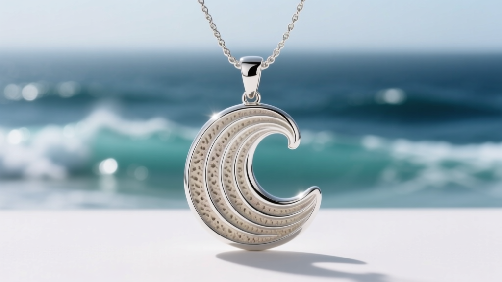 Macro shot of a textured sterling silver wave pendant showing intricate sand-cast details against a blurred ocean backdrop.